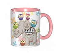 EKLMPS Coffee Mugs,11oz Ceramic Mugs, Funny Gifts for Women, Birthday Present,Christmas,Funny Mugs for Men,Cute Cartoon Elephant and Five Owls on a Flowers Background