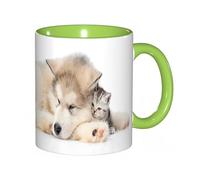 EKLMPS Coffee Mugs,11oz Ceramic Mugs, Funny Gifts for Women, Birthday Present,Christmas,Funny Mugs for Men,Alaskan Malamute Puppy Hugging Tiny Kitten.