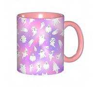 EKLMPS Coffee Mugs,11oz Ceramic Mugs, Funny Gifts for Women, Birthday Present,Christmas,Funny Mugs for Men,Halloween Ghost Pattern. Cute White Flying Ghosts on Holographic Pink Gradient Background. S