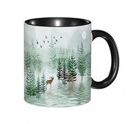 EKLMPS Coffee Mugs,11oz Ceramic Mugs, Funny Gifts for Women, Birthday Present,Christmas,Funny Mugs for Men,Nature Forest Landscape Moose Rustic Watercolor Pine Tree Bird Forest with Wildlife Deer
