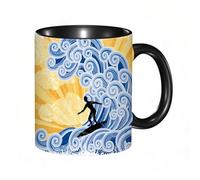 EKLMPS Coffee Mugs,11oz Ceramic Mugs, Funny Gifts for Women, Birthday Present,Christmas,Funny Mugs for Men,Surfer rides a big stylized wave picture with stylized sunset background and retro style elem