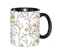 EKLMPS Coffee Mugs,11oz Ceramic Mugs, Funny Gifts for Women, Birthday Present,Christmas,Funny Mugs for Men, Pattern of Willow Branches and Birds Robin on White Background.