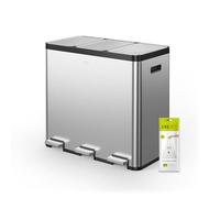 EKO EcoCasa Recycling Bin 20L+20L+20L, Stainless Steel 3 Compartment Rubbish Bin with Individual Pedals for Kitchen Waste Separation, Plastic Inner Buckets and Handles, Soft Closure, Matte Metallic