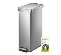 EKO Hudson Slim 50 Litre Kitchen Waste Bin with Lid, Stainless Steel Pedal Bin for Kitchen or Home, Space Saving Trash Can with Soft Close Lid, Hold Open Function, Holding Ring, Handle