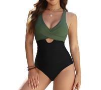 Ekoauer One Piece Swimsuit for Women Pleated V Neck Swimwear Tie-up Back Tummy Control Sexy Bathing Suit OliveGreen/Black S