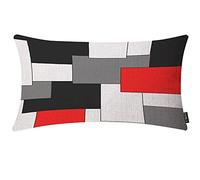 EKOBLA Paneling Pattern Pillow Cover Geometric Rectangular Block Red Black Waist Lumbar Cotton Linen Cushion Cover Oblong Rectangle Pillowcase for Men Women Home Decoration Bedroom 12x20 Inches