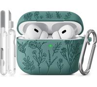 Ekoonpft Flower Engraved Case for Apple AirPods Pro 2 Gen,Soft Silicone Protective Cover for AirPods Pro 2nd/1st Generation Case Cute Airpod Case with Keychain for Women,Front LED Visible,Pine Green