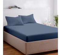 EKOSCIOUS 100% Tencel Lyocell Eucalyptus Sateen Soft Solid, Double Size, 40cm Deep Pocket Fitted Bed Sheet, Crown Blue - Breathable, Cool & Softer