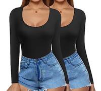 Ekouaer 2 Pack Long Sleeve Slim Fit T Shirt Thermal Tops Womens Scoop Neck Tops Shirts Basic Tight Tee, Black+Black, XXL