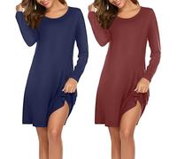 Ekouaer 2 Pack Nightgown for Women UK Nighties Long Sleeve Nightshirt Soft Nightdresses Solid/Printed Sleepwear Blue+Red XL