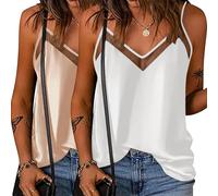 Ekouaer 2 Pieces Womens Camisoles Tops Satin Vests Top Adjustable Spaghetti Straps Mesh Tank Tops, Champagne + White XXL