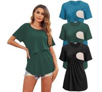 Ekouaer 3 Pack Women's Nursing Tops Short Sleeve Maternity Clothes Summer Double Layer Breastfeeding Top Loose Fit T-Shirt Pregnancy Clothing, DarkGreen + Bluegreen + Black, M