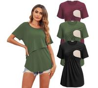 Ekouaer 3 Pack Women's Nursing Tops Short Sleeve Maternity Clothes Summer Double Layer Breastfeeding Top Loose Fit T-Shirt Pregnancy Clothing, Green + Red + Black, XXL