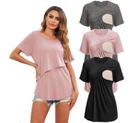 Ekouaer 3 Pack Women's Nursing Tops Short Sleeve Maternity Clothes Summer Double Layer Breastfeeding Top Loose Fit T-Shirt Pregnancy Clothing, Pink + Darkgrey + Black, L