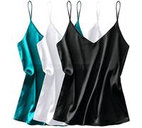 Ekouaer 3 Pack Womens Silk Satin Tank Tops V Neck Camisole Cami Spaghetti Strap Top Loose Sleeveless Blouses Tank Shirt S-XXL