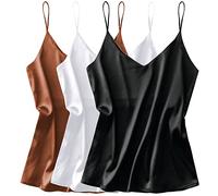 Ekouaer 3 Pack Womens Silk Satin Tank Tops V Neck Camisole Cami Spaghetti Strap Top Loose Sleeveless Blouses Tank Shirt S-XXL