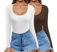 Ekouaer Basics Long Sleeve Tops Women Thermal Tops Scoop Neck Winter Thermal Vests T Shirts Stretchy Top, Withe+Coffee, S