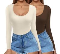 Ekouaer Basics Long Sleeve Tops Women Thermal Tops Scoop Neck Winter Thermal Vests T Shirts Stretchy Top, Beige+Coffee, XXL