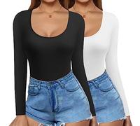 Ekouaer Basics Long Sleeve Tops Women Thermal Tops Scoop Neck Winter Thermal Vests T Shirts Stretchy Top, Black+White, S