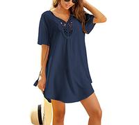 Ekouaer Beach Cover Ups for Women Beachwear Short Sleeve Sexy Beach Cover Up V-Neck Hollow Beachwear Beach Dress Navyblue S