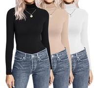 Ekouaer Black Turtleneck Women Multipack Women's Turtleneck Long Sleeve Shirts Lightweight Base Layer Solid Slim Fit Tops 3PCS, Black/White/Khaki, L