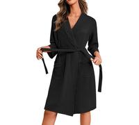 Ekouaer Dressing Gown Womens Waffle Lightweight Bathrobe Soft Knit Bath Robes with Pockets Breathable Kimono Loungewear, Black XXL