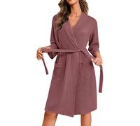 Ekouaer Dressing Gown Womens Waffle Lightweight Bathrobe Soft Knit Bath Robes with Pockets Spa Kimono Loungewear, Magenta S