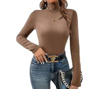 Ekouaer ek Womens Turtle Neck Ladies Roll Neck Jumper Long Sleeve Shirts Lightweight Base Layer Solid Slim Fit Tops, Brown, S