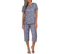 Ekouaer Ladies Cropped Pyjamas Women Pyjama Sets Cotton Pjs Set Short Sleeve Tops with Capri Pants Loungewear, Gray-star, S
