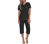 Ekouaer Ladies Cropped Pyjamas Women Pyjama Sets Cotton Pjs Set Short Sleeve Tops with Capri Pants Loungewear, Black, S