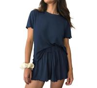 Ekouaer Ladies Pajamas Short Sleeve Pyjama Set Round Neck Short Nightwear With Ruffles Two Piece Soft S-XXL Navy Blue M