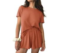 Ekouaer Ladies Pajamas Short Sleeve Pyjama Set Round Neck Short Nightwear With Ruffles Two Piece Soft S-XXL Caramel M