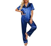 Ekouaer Ladies Pyjamas Satin Pjs for Women Sets Button Down Sleepwear Two Piece Comfy Loungewear,Blue S