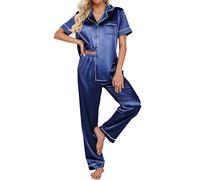 Ekouaer Ladies Pyjamas Satin Pjs for Women Sets Button Down Sleepwear Two Piece Comfy Loungewear,Navy Blue L