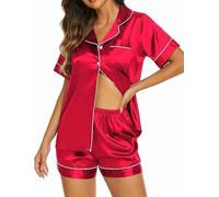 Ekouaer Ladies Pyjamas Set Womens Silk Satin Pajamas Set pJ Sets Short Sleeve Bride Pjs Sleepwear Loungewear for All Seasons red M