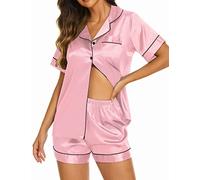 Ekouaer Ladies Pyjamas Set Womens Silk Satin Pajamas Set pJ Sets Short Sleeve Sleepwear Loungewear for All Seasons Pink M