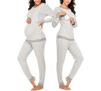 Ekouaer Maternity Pajamas Set Winter Long Sleeve Nursing Sleepwear Set for Women 2 piece PJS, A Light Gray Stripe, L
