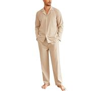 Ekouaer Mens Pyjama 2 Piece Set Cotton Warm Comfortable Men's Pyjama Set Traditional Classic Pyjamas Sets Fly Opening Pure, Khaki, M