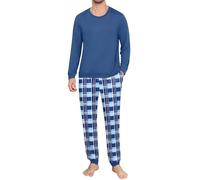 Ekouaer Mens Pyjamas Set Long Sleeve Cosy Pjs Sets Tartan 2 Piece Jersey Nightwear with Pocket and Cuffs Crew Neck Lounge Pajamas Pijamas Sleepwear Navy