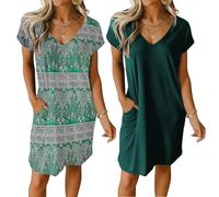 Ekouaer Nightdress Women's Pack of 2 Short Sleeve Sleepwear Lightweight Nightgowns Two-Piece Green + Green Print S