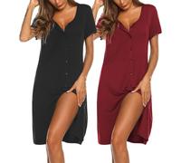 Ekouaer Nightdresses for Women Summer Ladies Nighties Button Front Nightshirts Nightwear Short Sleeve 2 Pack, Black + Wine Red XXL