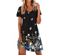 Ekouaer Nighties for Women Short Sleeve Pleated Nightdress V Neck Nightwear | gathering, flutter sleeve, knee-length nightshirt, soft&fit, sleep&lounge, pretty patterns, never loses shape after washing