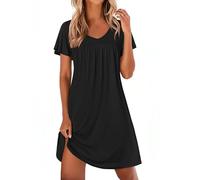 Ekouaer Nighties for Women Short Sleeve Pleated Nightdress V Neck Nightwear | gathering, flutter sleeve, knee-length nightshirt, soft&fit, sleep&lounge, pretty patterns, never loses shape after washing