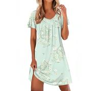 Ekouaer Nighties for Women Short Sleeve Pleated Nightdress V Neck Nightwear | gathering, flutter sleeve, knee-length nightshirt, soft&fit, sleep&lounge, pretty patterns, never loses shape after washing