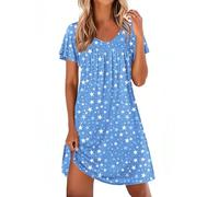 Ekouaer Nighties for Women Short Sleeve Pleated Nightdress V Neck Nightwear | gathering, flutter sleeve, knee-length nightshirt, soft&fit, sleep&lounge, pretty patterns, never loses shape after washing