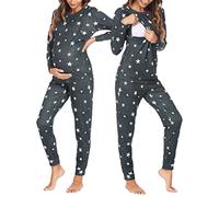 Ekouaer Nursing Pajama Set Long Sleeve Maternity Sleepwear Labor Delivery Pjs Breastfeeding Thermal Underwear Clothes, Strar Dark Gray, M