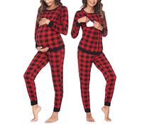 Ekouaer Nursing Pajama Set Striped Long Sleeve Maternity Sleepwear Labor Pjs Breastfeeding Thermal Underwear Clothes, Black Red Plaid, L