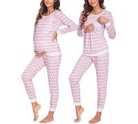 Ekouaer Nursing Pajama Set Striped Long Sleeve Maternity Sleepwear Labor Pjs Breastfeeding Thermal Underwear Clothes, Pink Stripe, M