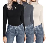 Ekouaer Pack of Turtle Neck Tops for Women Women's Turtleneck Long Sleeve Shirts Lightweight Base Layer Solid Slim Fit Tops 3PCS, Black/Grey/Beige, M