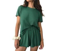 Ekouaer Pajamas Ladies Knitted Pyjama Set Round Neck Short Sleeve Soft Two Piece Sleepshirt Green L